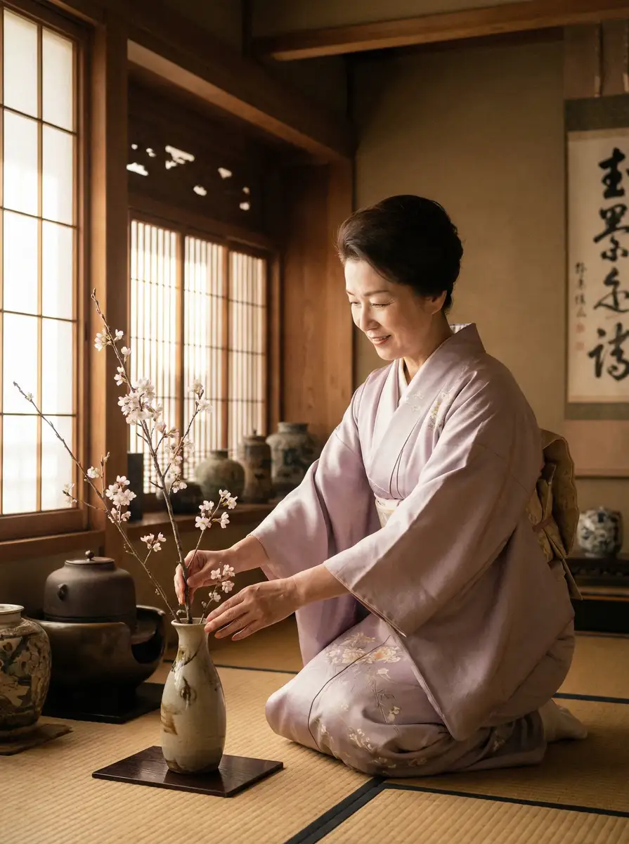 一位优雅的 污污污 在和室中插花